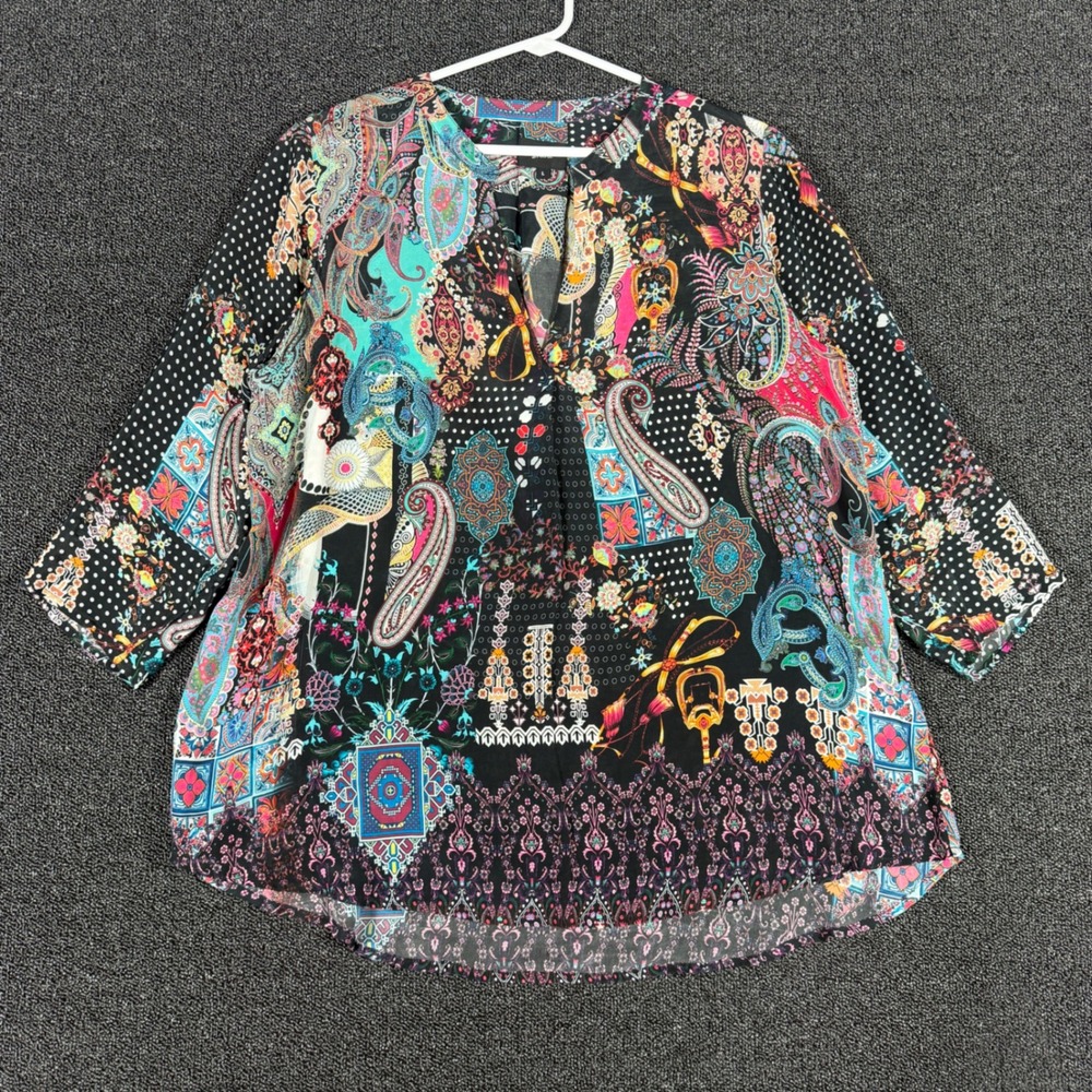 Shana Women Large Paisley Print Viscose Silk Blouse 3/4 Sleeve Boho Split Neck